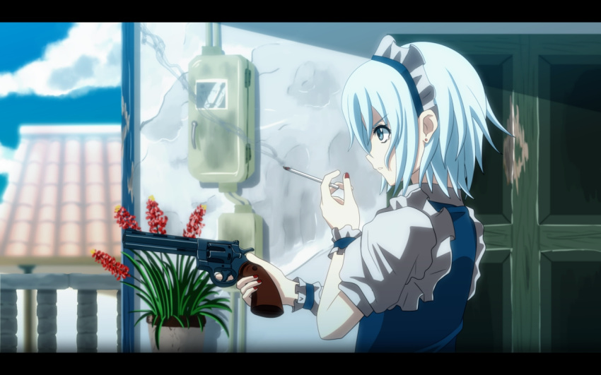 anime_coloring balcony blue_dress blue_sky cigarette cloud clouds dress earrings flower grey_eyes gun izayoi_sakuya jewelry letterboxed maid maid_headdress plant potted_plant puffy_sleeves red_nails revolver shirt short_hair short_sleeves silver_hair sky solo tomon_(slash0410) touhou weapon wrist_cuffs wrist_ribbon