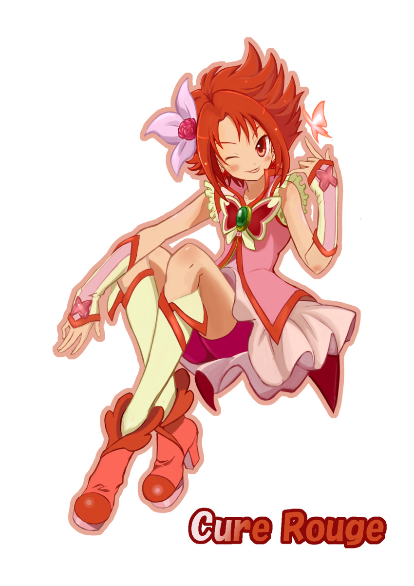 ;d akizuki_(kondou_kyouhei) bike_shorts blush brooch character_name cure_rouge derivative_work fingerless_gloves gloves highres jewelry kneehighs kondou_kyouhei magical_girl natsuki_rin open_mouth precure red_eyes red_hair redhead shoes short_hair shorts_under_skirt skirt smile solo spiked_hair spiky_hair tongue white_background wink yes!_precure_5
