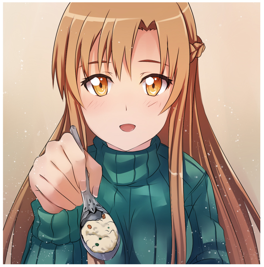asuna_(sao) blush braid breasts brown_eyes brown_hair bust feeding ladymarta long_hair looking_at_viewer open_mouth pov ribbed_sweater smile solo spoon sweater sword_art_online turtleneck turtleneck_sweater