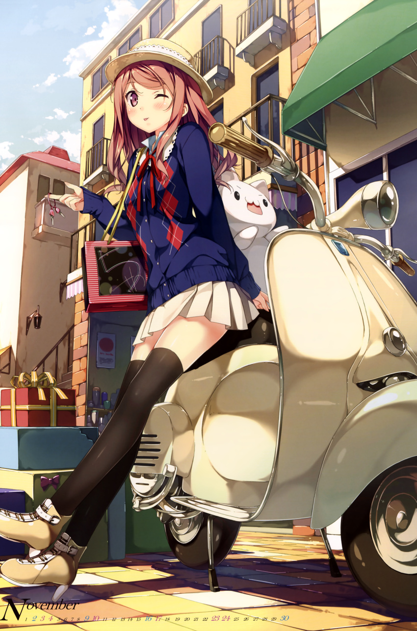 ;p absurdres argyle backpack bag black_legwear box calendar cardigan gift gift_box hat high_heels highres kantoku key kurumi_(kantoku) leaning_back long_hair motor_vehicle original pink_hair pleated_skirt purple_eyes ribbon scan scooter shoes skirt sleeves_past_wrists solo thigh-highs thighhighs tongue vehicle violet_eyes wink zettai_ryouiki