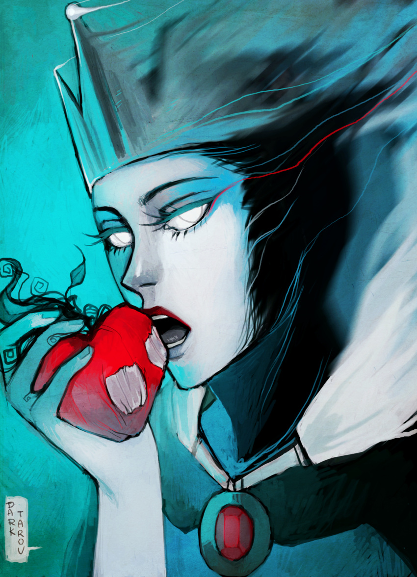 apple crossover crown dark-tarou eyelashes eyeliner food fruit half-closed_eyes highres ico makeup snow_white_and_the_seven_dwarfs solo the_queen white_pupil