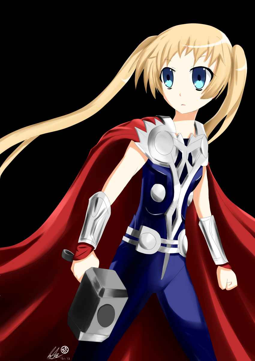 armor blonde_hair blue_eyes bodysuit cape chuunibyou_demo_koi_ga_shitai! cosplay crossover dekomori_sanae hammer marvel thor_(marvel) thor_(marvel)_(cosplay) twintails zerotheultradirector