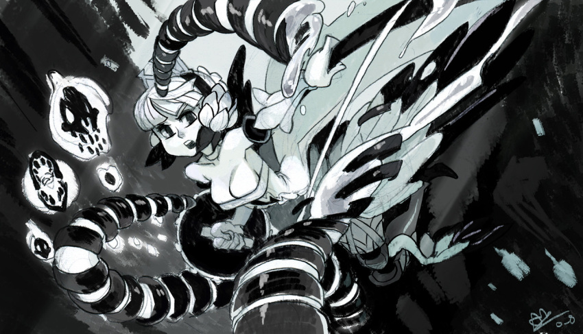 1girl alex_ahad armor armored_dress bare_shoulders battle breasts cleavage corset detached_sleeves gwendolyn hair_ornament monochrome odin_sphere polearm shield short_hair sketch skull solo spear thigh-highs thighhighs weapon wings