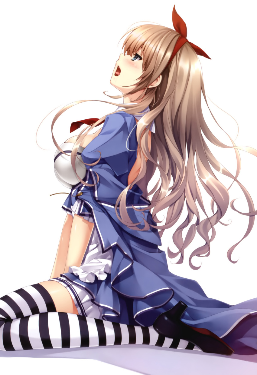 absurdres alicia_(queen's_blade) alicia_(queen's_blade) blue_eyes blush breasts brown_hair cleavage highres misaki_kurehito queen's_blade queen's_blade_grimoire queen's_blade queen's_blade_grimoire shoes sitting solo stockings striped striped_legwear thigh-highs thighhighs wariza