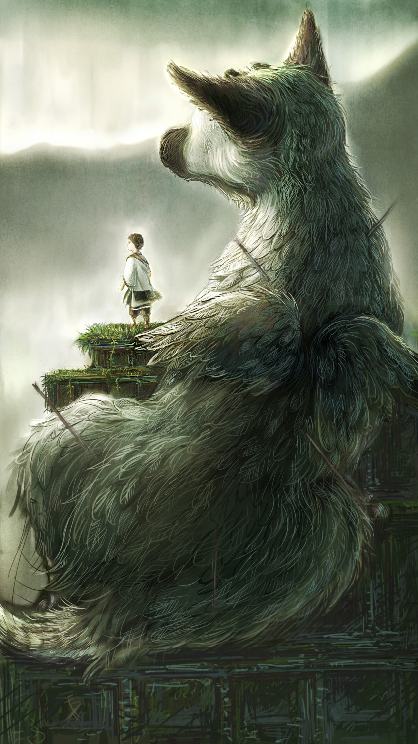 absurdres arrow child david_hsu_yen feathers fur griffin highres short_hair the_last_guardian trico_(character) tunic