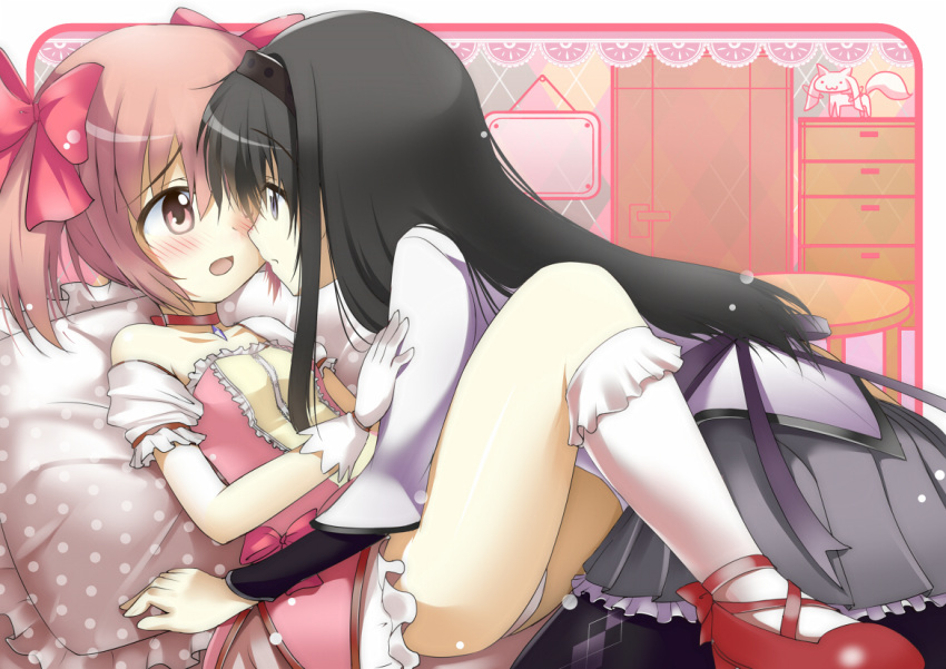 :o akemi_homura argyle argyle_legwear black_hair black_legwear blue_eyes blush choker collarbone dress eye_contact gloves hairband kaname_madoka long_hair looking_at_another lying magical_girl mahou_shoujo_madoka_magica mocchi mound_of_venus multiple_girls on_back pantyhose pillow pink_eyes pink_hair skirt twintails yuri