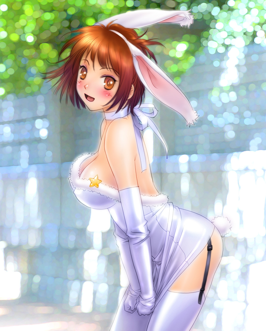 animal_ears bare_shoulders blush breasts brown_eyes brown_hair bunny_ears bunny_tail cleavage dress dress_pull elbow_gloves eyeshadow garter_straps garters gloves highres large_breasts looking_at_viewer makeup open_mouth original rabbit_ears ribbon short_hair solo tail thigh-highs thighhighs white_legwear yui_toshiki
