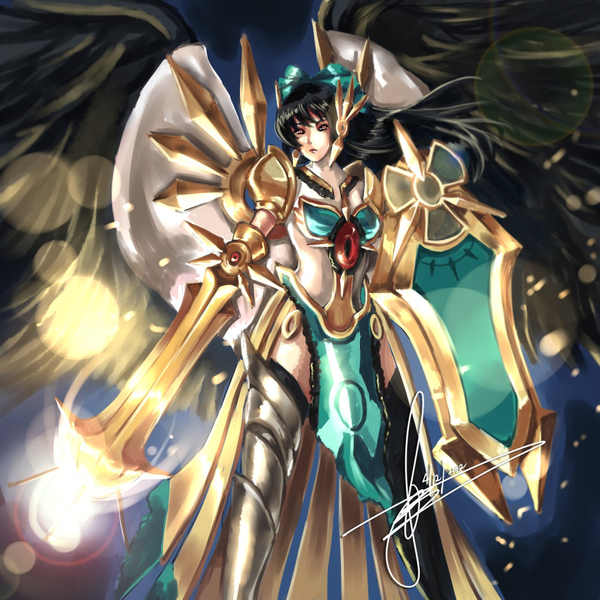 arm_cannon armor black_hair black_legwear black_wings bow breasts cape cosplay ear_protection feathers greaves hair_bow hannah_santos highres league_of_legends leona_(league_of_legends) leona_(league_of_legends)_(cosplay) long_hair mismatched_footwear pauldrons radiation_symbol red_eyes reiuji_utsuho shield signature solo sword tabard thigh-highs thighhighs third_eye touhou weapon wings