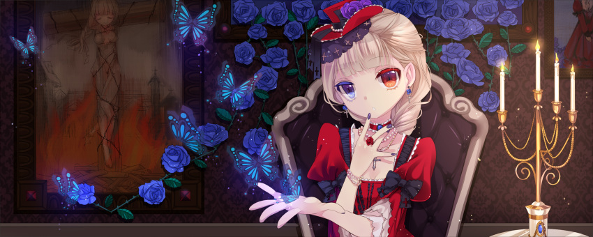 bicolored_eyes blonde_hair bow burning_at_the_stake butterfly candle cross earrings fire flower flowers hat heterochromia highres jewelry mini_hat mvv nail_polish necklace original outstretched_hand portrait_(object) puffy_sleeves purple_nails rose stake