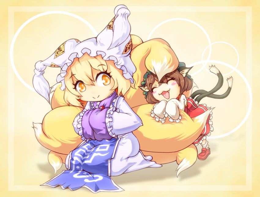 animal_ears blonde_hair brown_hair cat_ears cat_tail chen closed_eyes dress eyes_closed fang fox_tail frame hands_in_sleeves hat highres long_sleeves multiple_girls multiple_tails open_mouth red_dress shirt short_hair sitting sky_(kumada) smile tabard tail tail_hold touhou white_dress wide_sleeves yakumo_ran yellow_eyes