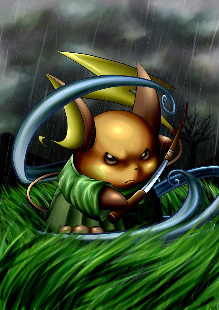 cafe_(chuu_no_ouchi) grass katana no_humans pokemon pokemon_(creature) raichu rain samurai sword weapon