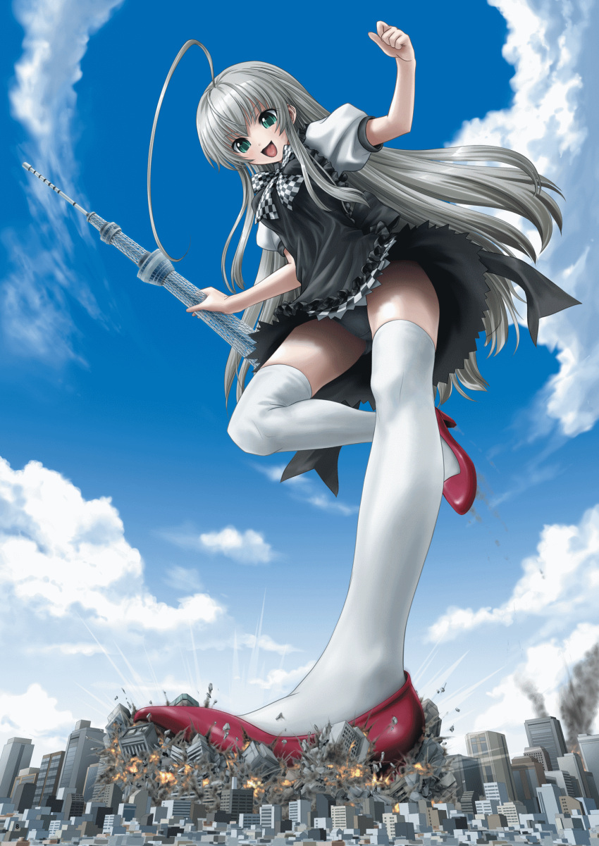 ahoge building city cloud clouds destruction eichikei_(hakuto) giantess green_eyes haiyore!_nyaruko-san highres long_hair nyarlathotep_(nyaruko-san) open_mouth panties sky skyscraper smoke solo tokyo_sky_tree underwear