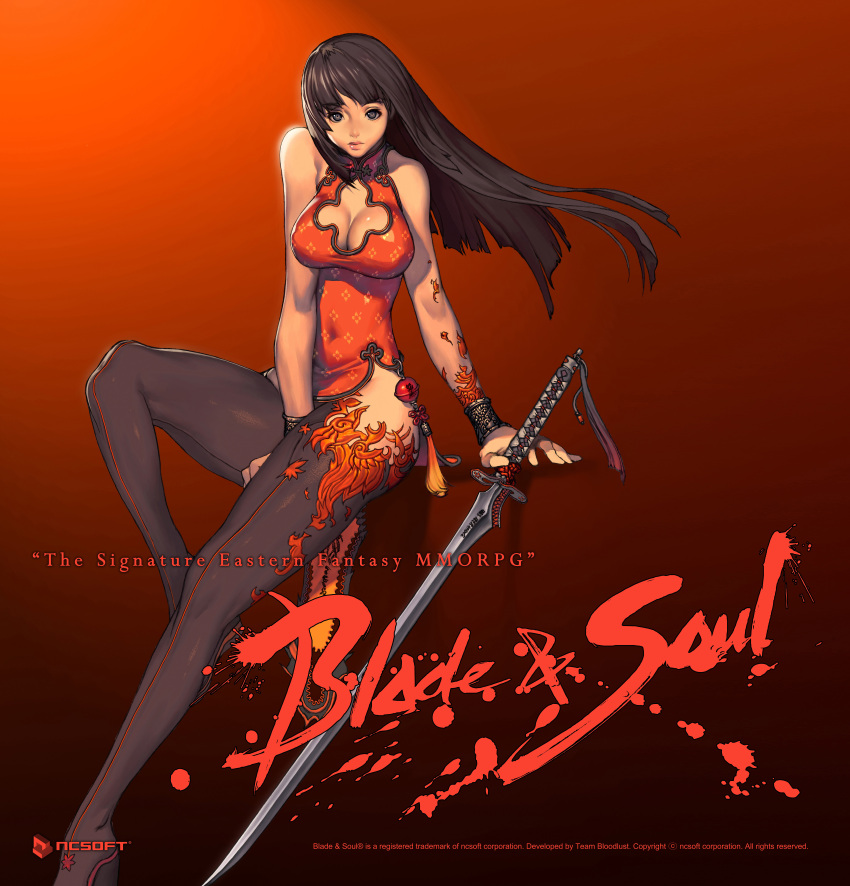 absurdres black_eyes black_hair blade_&amp;_soul boots bracelet breasts china_dress chinese_clothes cleavage dress highres hyung_tae_kim jewelry long_hair red_dress sword tattoo thighhighs weapon