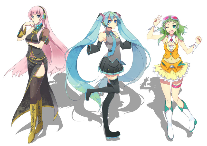 aqua_eyes aqua_hair bare_shoulders blue_eyes blush boots breasts detached_sleeves dress goggles goggles_on_head green_eyes green_hair gumi hair_ornament hairband hatsune_miku headset long_hair looking_at_viewer megurine_luka multiple_girls navel necktie open_mouth pink_hair pochi_(pochi-goya) short_hair skirt smile thigh-highs thigh_boots thighhighs twintails v very_long_hair vocaloid wink