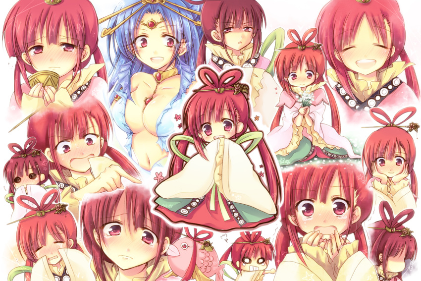 :d ^_^ alternate_hair_color blue_hair blush breasts chibi closed_eyes collarbone cup eyes_closed flower grin hair_ornament hair_rings hair_stick holding holding_flower long_hair looking_at_viewer magi_the_labyrinth_of_magic miyata_(miyatami07) multiple_views open_mouth red_hair redhead ren_kougyoku smile solid_circle_eyes solo tears twintails very_long_hair