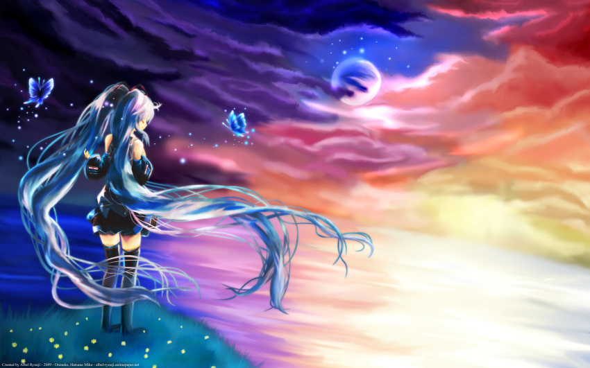 2009 absurdres artist_name blue_hair butterfly character_name closed_eyes cloud clouds colorful detached_sleeves earth eyes_closed flower from_behind full_body hatsune_miku highres long_hair ocean onineko singing sky solo standing thigh-highs thighhighs twilight twintails very_long_hair vocaloid wallpaper watermark web_address wind zettai_ryouiki
