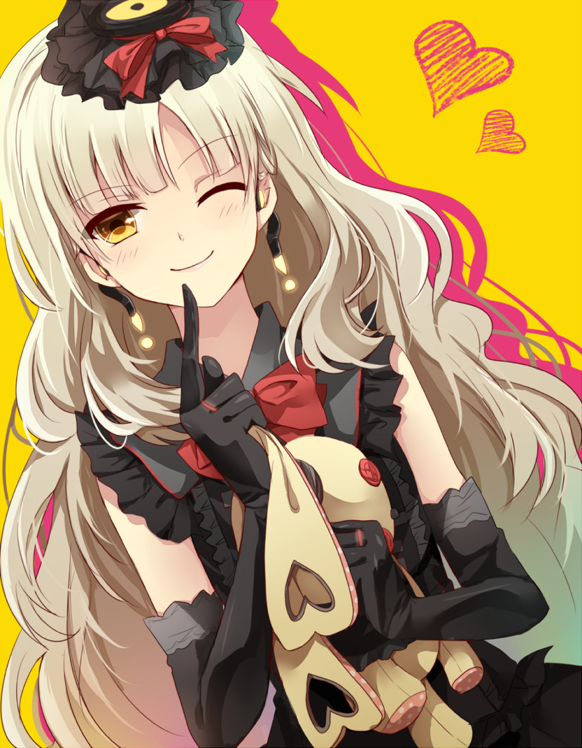 ;) blonde_hair doll dress elbow_gloves finger_to_mouth gloves gothic_lolita hat highres hiiragisouren lolita_fashion long_hair looking_at_viewer mayu_(vocaloid) smile solo stuffed_toy vocaloid wink yellow_eyes