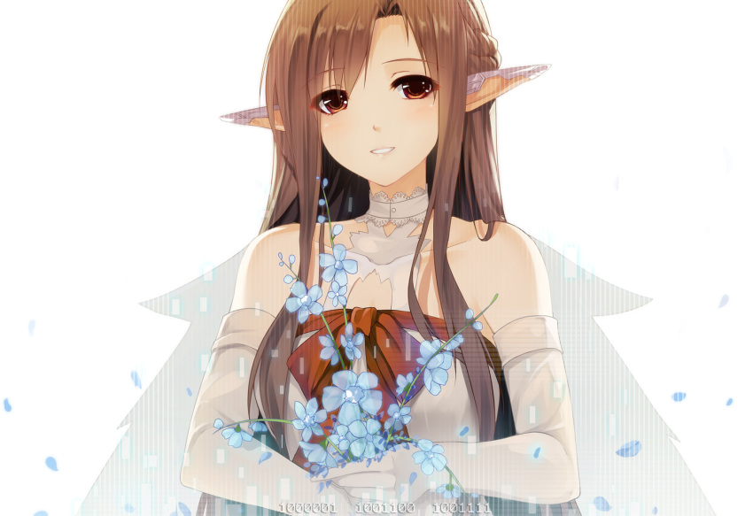 asuna_(sao) asuna_(sao-alo) bare_shoulders blush brown_eyes brown_hair caidychen collarbone ear_covers elbow_gloves elf flower gloves holding holding_flower long_hair looking_at_viewer petals pointy_ears smile solo sword_art_online titania_(sao)