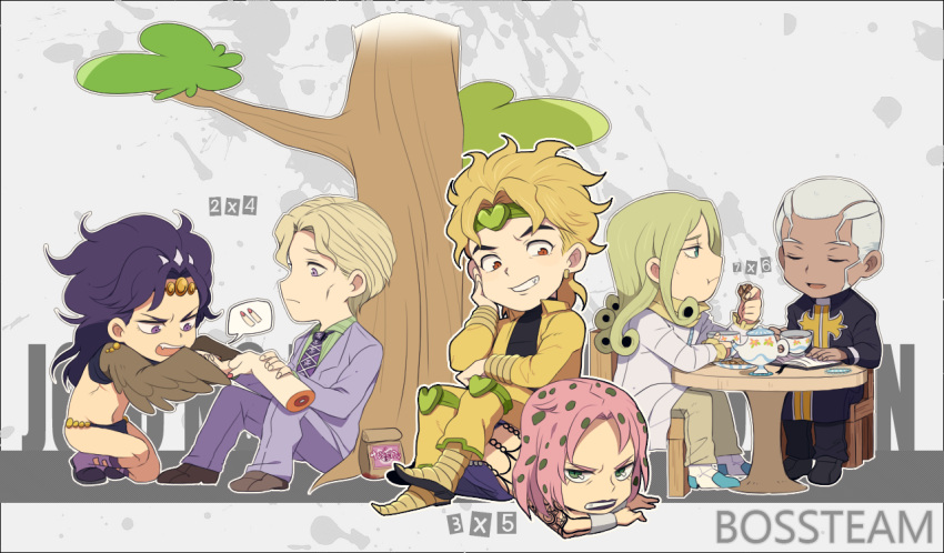 blonde_hair cars_(jojo) chibi dark_skin diavolo dio_brando disembodied_limb enrico_pucci funny_valentine green_hair hands jojo_no_kimyou_na_bouken kira_yoshikage laphy morphin_e multiple_boys pink_hair purple_hair steel_ball_run white_hair