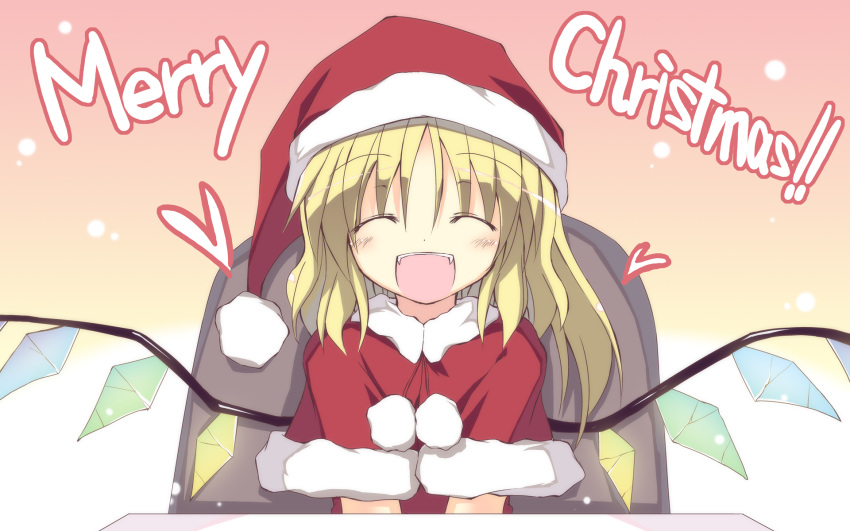 alternate_costume blonde_hair blush chair closed_eyes eyes_closed flandre_scarlet hat heart highres merry_christmas open_mouth santa_costume santa_hat satoukibi side_ponytail smile solo touhou wings