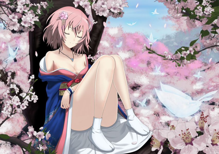bare_shoulders breasts butterfly cherry_blossoms cleavage closed_eyes eyes_closed flower hair_flower hair_ornament highres japanese_clothes jewelry kimono lemoo necklace obi off_shoulder petals pink_hair saigyouji_yuyuko short_hair sleeping solo tabi touhou tree