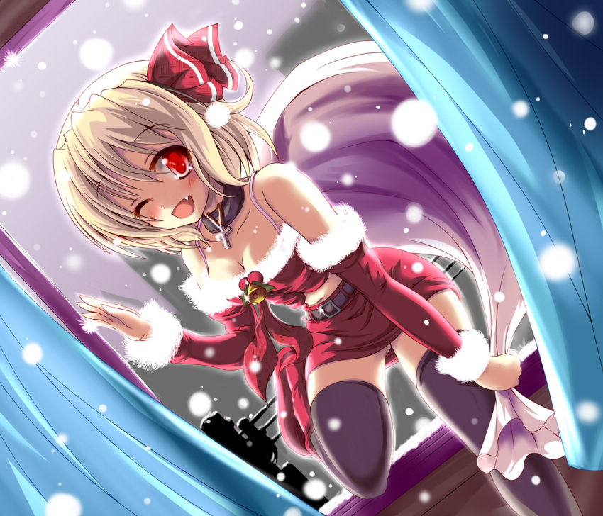 alternate_costume arm_warmers bag bare_shoulders bell black_legwear blonde_hair blush breasts choker cleavage cross cross_necklace curtains fang hair_ribbon hiiragi_tomoka jewelry miniskirt navel necklace open_mouth open_window red_eyes ribbon rumia sack santa_costume short_hair skirt smile snow snowing solo thigh-highs thighhighs touhou window wink