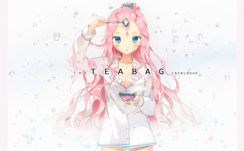 anmi arm_up blue_eyes blush breasts cleavage collarbone cover cover_page cup highres holding long_hair looking_at_viewer original pink_hair plate shirt solo strainer tea tea_bag teacup water