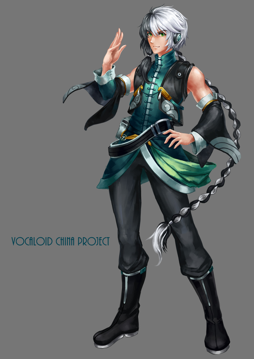 belt black_hair boots braid chinese_clothes detached_sleeves green_eyes grey_background guolu hand_on_hip highres multicolored_hair silver_hair tangzhuang vest vocaloid vocaloid_china yuezheng_longya