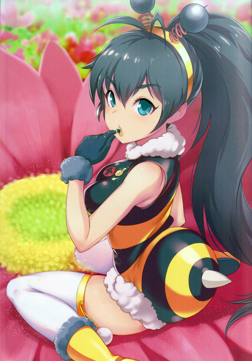 1girl absurdres antenna_hair bare_shoulders bee_costume black_hair blue_eyes color_halftone color_issue day eyebrows_visible_through_hair finger_in_mouth from_side ganaha_hibiki highres honey huge_filesize idolmaster idolmaster_(classic) long_hair looking_at_viewer looking_to_the_side outdoors ponytail scan sitting thigh-highs very_long_hair white_legwear