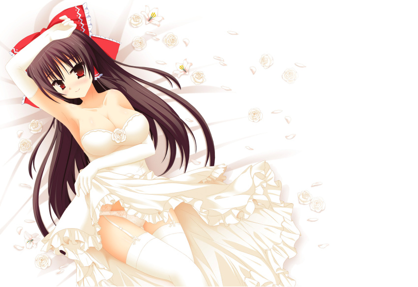 arm_up armpits bare_shoulders blush bow breasts bride brown_hair cleavage collarbone dress dress_lift elbow_gloves flower garter_belt garter_straps gloves hair_bow hair_tubes hakurei_reimu highres kom_(1323736) large_breasts long_hair looking_at_viewer lying on_back panties red_eyes rose smile solo thigh-highs thighhighs touhou underwear very_long_hair wedding_dress white_dress white_gloves white_legwear white_panties white_rose