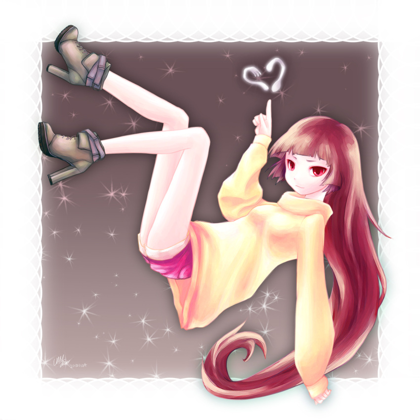 bent_spoon boots brown_hair floating fork heart high_heels highres long_hair luneko natsume_(pokemon) pokemon red_eyes shoes shorts signature solo sparkle spoon sweater very_long_hair
