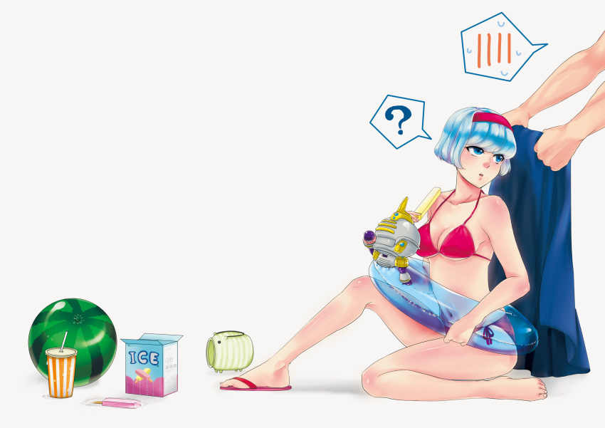 ball beachball bikini blanket blue_eyes bob_cut cis_(tiger_&amp;_bunny) food fruit hairband highres innertube katori_buta popsicle sandals short_hair single_shoe sky_high spoken_blush swimsuit tiger_&amp;_bunny uki-14 watermelon white_hair