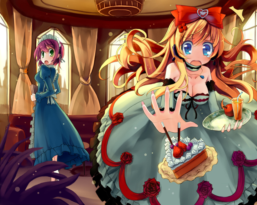 2girls blonde_hair bow breasts cake choker cleavage dress drink female food green_eyes hair_bow highres hoshi_no_gen jewelry maid maid_headdress multiple_girls necklace no_nose open_mouth original purple_hair straw tears