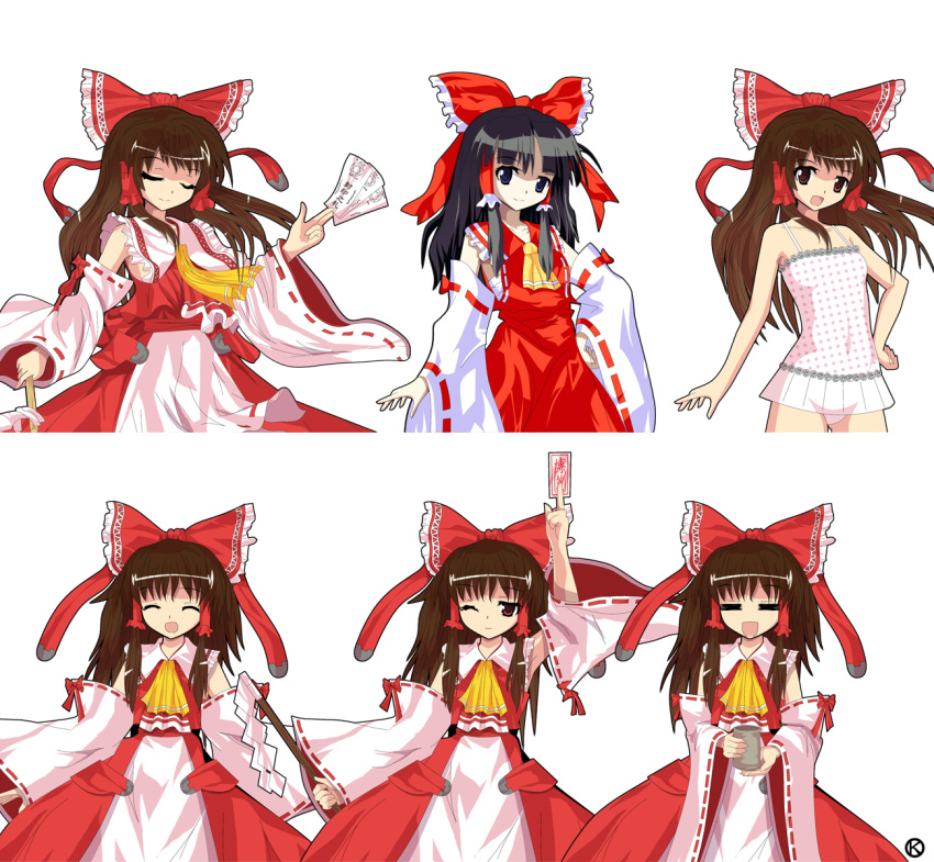 =_= alphes_(style) alternate_costume ascot black_hair blue_eyes bow brown_hair chemise closed_eyes cup detached_sleeves gohei hair_bow hair_ornament hair_tubes hakurei_reimu hand_on_hip highres holding kaoru_(gensou_yuugen-an) long_hair long_sleeves looking_at_viewer ofuda open_mouth panties parody pose shirt simple_background skirt skirt_set smile solo style_parody touhou underwear white_background white_panties wide_sleeves wind