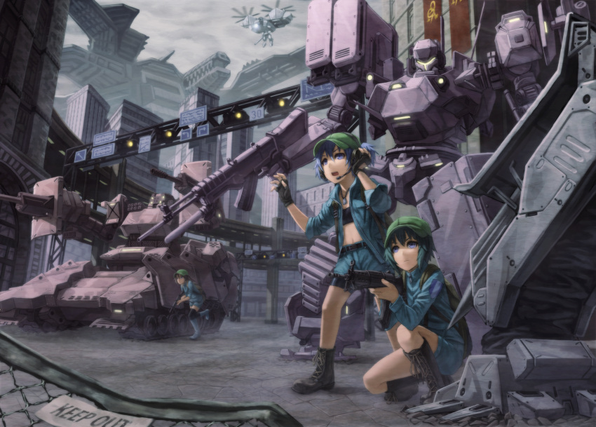armored_core armored_core:_for_answer armored_core_5 backpack bag black_legwear blue_eyes blue_hair boots building cannon caution_tape crossover fence fingerless_gloves gloves gun hand_on_headphones hat helicopter highres holding kappa_mob kawashiro_nitori keep_out kurione_(zassou) mecha multiple_girls rifle running sitting skyscraper space_craft spirit_of_mother_will street thigh-highs thighhighs touhou twintails weapon