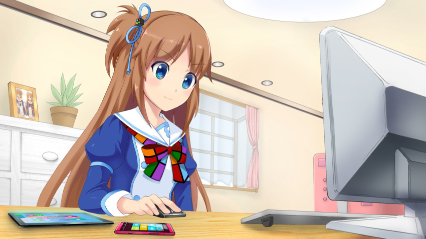 blue_eyes bow brown_hair chest_of_drawers computer computer_keyboard curtains desk flower_pot hair_ornament hair_ribbon hair_ribbons hair_tie highres keyboard long_hair madobe_ai madobe_yuu microsoft monitor mouse os-tan photo_(object) picture_frame plant ribbon school_uniform serafuku side_ponytail smile solo tablet window windows_8