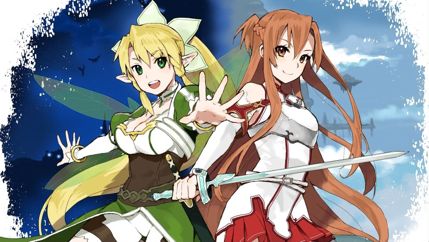 :d asuna_(sao) bare_shoulders belt blonde_hair bracelet braid breastplate breasts brown_eyes brown_hair buckle cleavage cloud clouds detached_sleeves elf eyecatch green_eyes highres jewelry leafa long_hair long_sleeves multiple_girls open_mouth outstretched_arms outstretched_hand pointy_ears ponytail puffy_sleeves screencap shorts skirt sky smile sword sword_art_online takenashi_eri twin_braids weapon