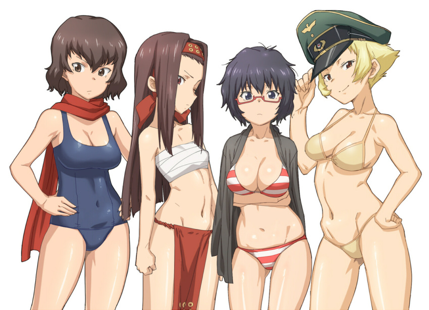 artist_request bikini black_hair blonde_hair breast_hold breasts brown_hair caesar_(girls_und_panzer) cleavage clothed_navel cowboy_shot erwin flat_chest fundoshi girls_und_panzer glasses hachimaki hand_on_hat hand_on_hip hands_on_waist haori hat headband jacket_on_shoulders japanese_clothes kimono large_breasts long_hair looking_at_viewer military_cap multiple_girls navel one-piece_swimsuit open_clothes open_kimono oryou_(girls_und_panzer) peaked_cap red-framed_glasses saemonza sarashi scarf school_swimsuit short_hair simple_background string_bikini striped striped_bikini striped_swimsuit swimsuit tenchisouha white_background