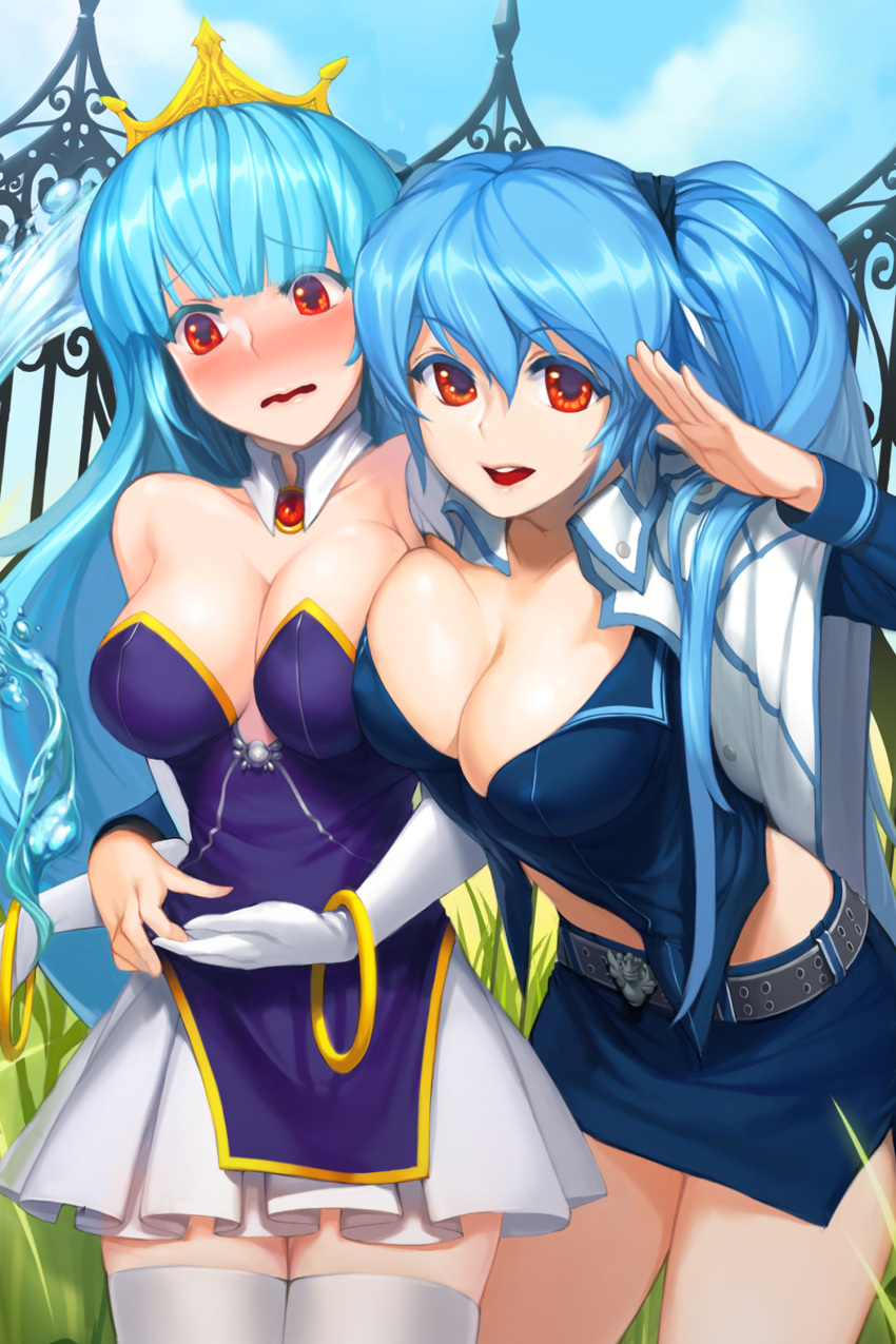 asymmetrical_docking belt blue_hair blush bracelet breast_press breasts character_request cleavage collarbone detached_collar elbow_gloves erect_nipples gloves highres jewelry large_breasts legs long_hair looking_at_viewer luthica_preventer midriff miniskirt multiple_girls pleated_skirt red_eyes salute skirt smile snowball22 sword_girls thigh-highs thighhighs thighs tiara twintails wavy_mouth white_gloves white_legwear