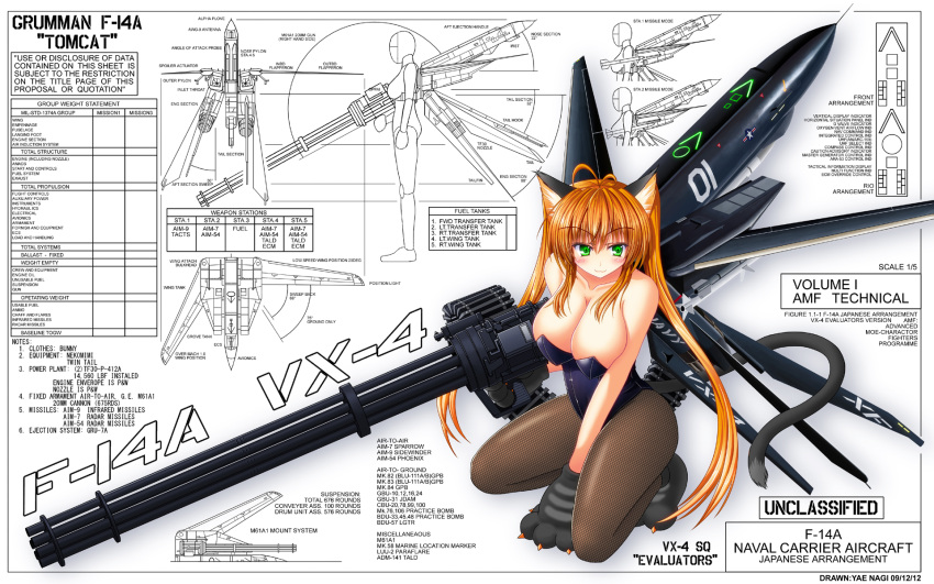 ahoge animal_ears arm_cannon blueprint breasts brown_hair brown_legwear bunnysuit cat_ears cat_paws cat_tail cleavage copyright_request english f-14 gatling_gun green_eyes gun highres kneeling long_hair mecha_musume pantyhose paws payot personification smile solo stockings tail text twintails weapon wings yae_nagi