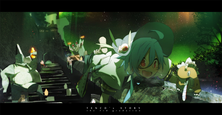 ahoge animal anime_coloring aurora blue_hair blurry bottle depth_of_field drinking fingerless_gloves frog gloves hinanawi_tenshi letterboxed lying monster night night_sky on_stomach open_mouth payot red_eyes siirakannu sky smile solo stairs star touhou