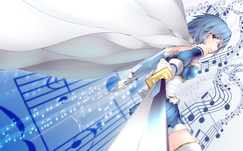 absurdres blue_eyes blue_hair cape gloves highres hullzion looking_at_viewer magical_girl mahou_shoujo_madoka_magica miki_sayaka musical_note short_hair smile solo sword weapon white_gloves