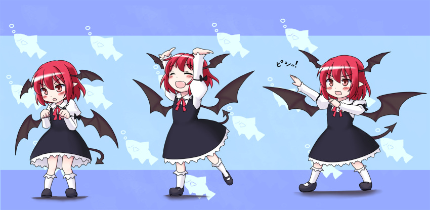 :d :o ^_^ alternate_hair_length alternate_hairstyle arms_up bat_wings blush child closed_eyes demon_tail dress dress_shirt fang fangs fish gomi_(gomitin) head_wings highres juliet_sleeves koakuma long_sleeves open_mouth outstretched_arm paw_pose pointy_ears posing puffy_sleeves purple_dress red_eyes red_hair redhead sequential shirt short_hair smile solo standing_on_one_leg tail touhou white_shirt wings young