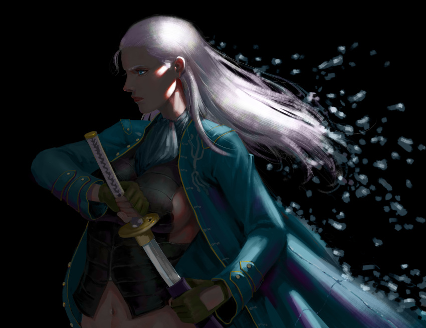 1girl absurdres blue_eyes commentary_request devil_may_cry devil_may_cry_3 genderswap genderswap_(mtf) gloves highres katana lipstick long_hair makeup solo sword vergil weapon white_hair yamato_(sword)