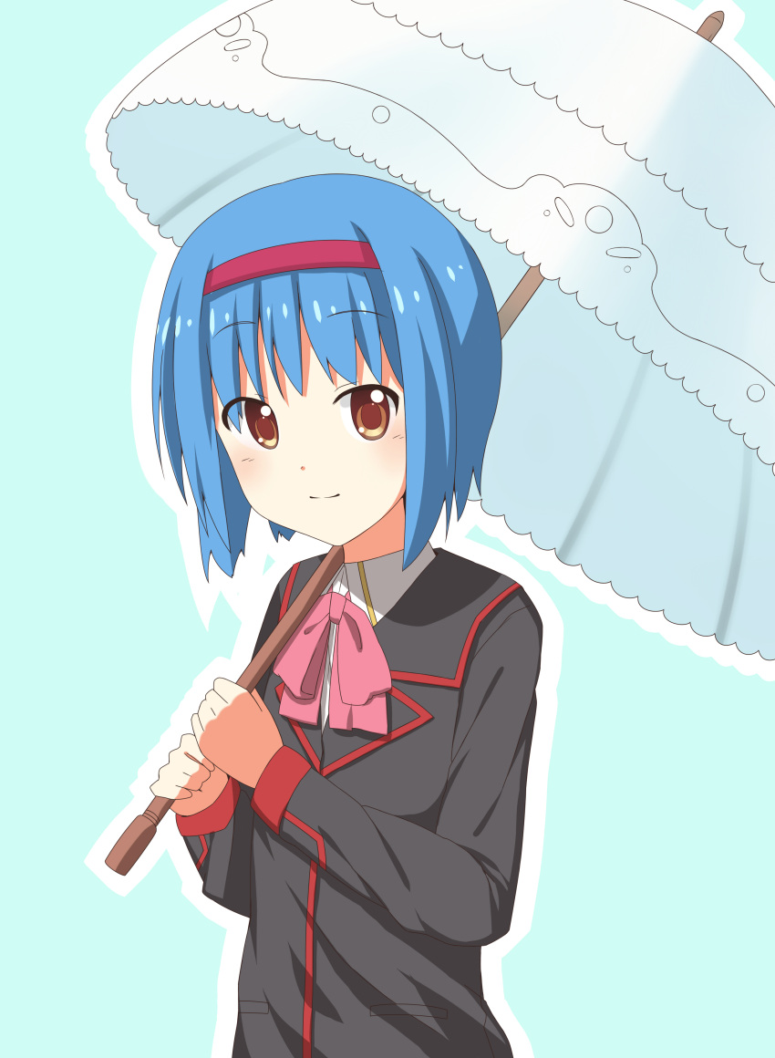 absurdres blue_hair dacchi futaki_kanata hairband highres little_busters!! nishizono_mio parasol school_uniform short_hair solo umbrella