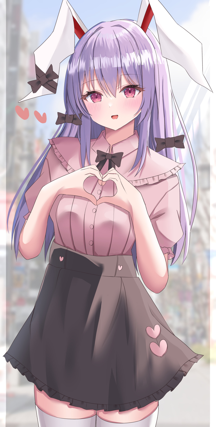 1girl :d absurdres alternate_costume animal_ears aohane blurry blurry_background blush bunny_ears cowboy_shot heart heart_hands highres long_hair looking_at_viewer open_mouth rabbit_ears reisen_udongein_inaba short_sleeves skirt smile solo thigh-highs thighhighs touhou white_legwear zettai_ryouiki