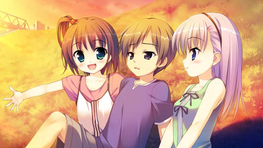 2girls :d aete_mushisuru_kimi_to_no_mirai blue_eyes blush brown_hair casual child game_cg girl_sandwich green_eyes hair_bobbles hair_ornament hairband lavender_hair light_smile manabe_kei multiple_girls open_mouth outstretched_arm outstretched_hand purple_eyes side_ponytail smile takoyaki_(roast) tanaka_ruru violet_eyes young