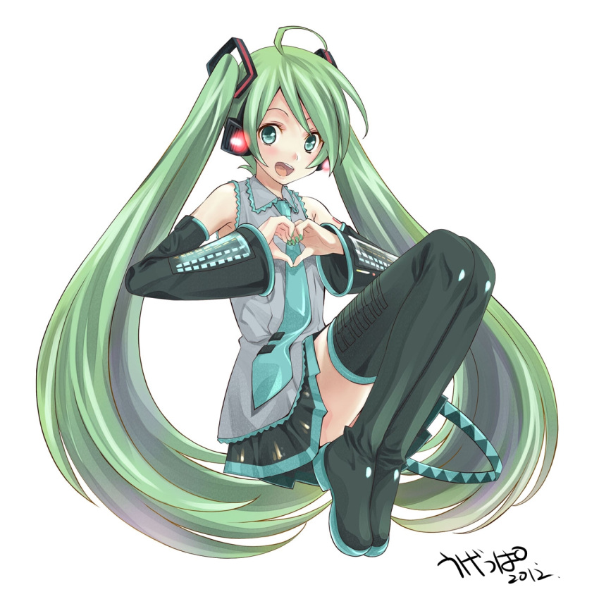 2012 ahoge artist_name boots detached_sleeves green_eyes green_hair hatsune_miku headphones heart heart_hands highres long_hair looking_at_viewer necktie open_mouth simple_background sitting skirt solo thigh-highs thigh_boots thighhighs twintails ugeppa very_long_hair vocaloid white_background