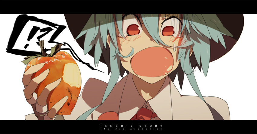 1girl blue_hair eating fingerless_gloves food gloves hat hinanawi_tenshi letterboxed open_mouth payot red_eyes shaded_face siirakannu solo tears touhou