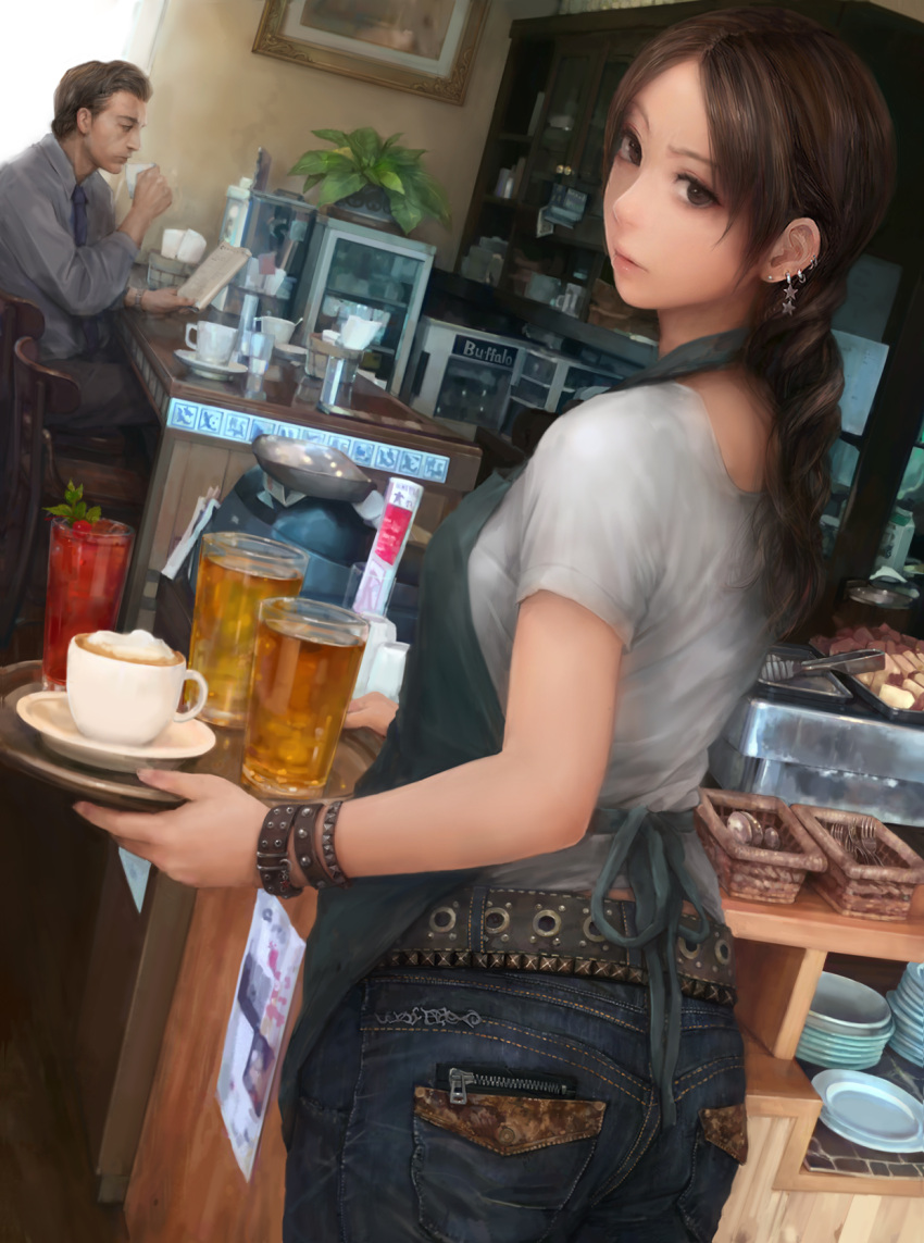 1girl belt black_eyes black_hair braid chair cup glass heans highres holding jeans lips looking_at_viewer miche necktie node original plant plate portrait_(object) potted_plant realistic saucer single_braid sitting teacup tray